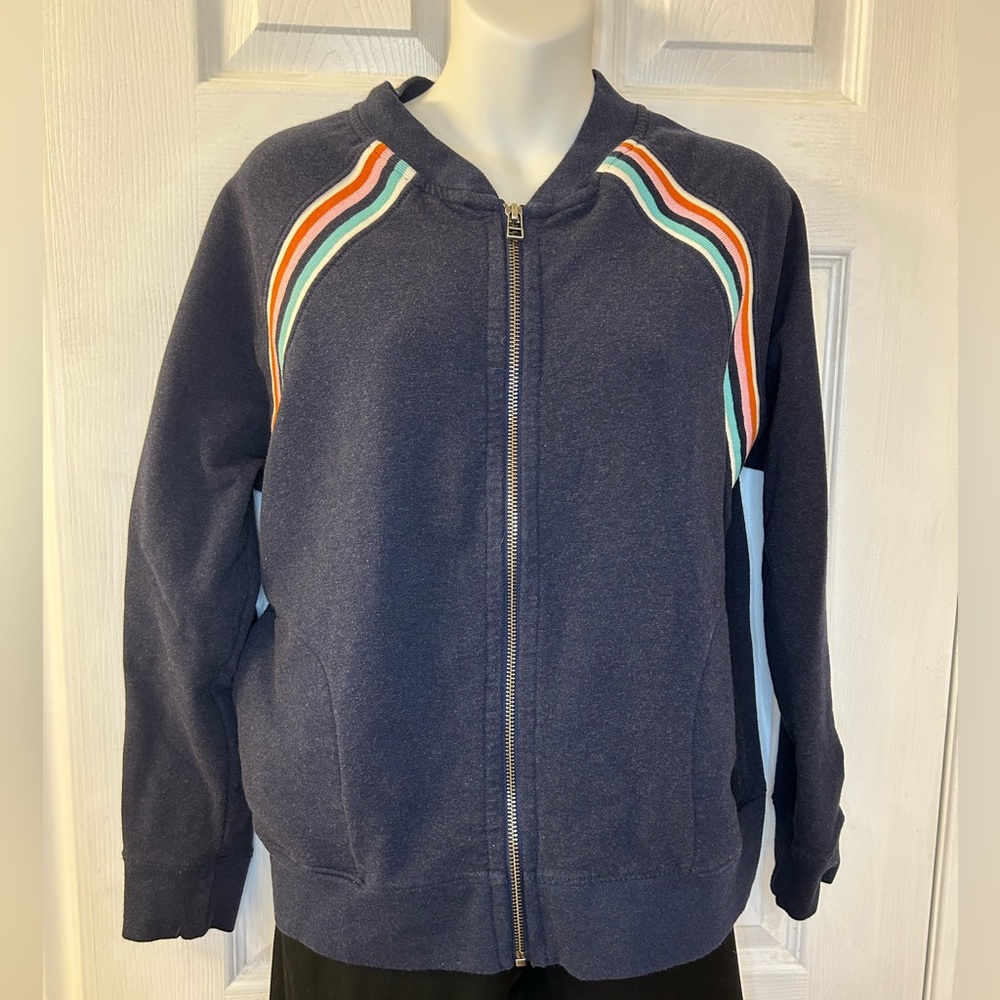 Harley Heritage navy blue zip up sweater with rainbow stripe, medium